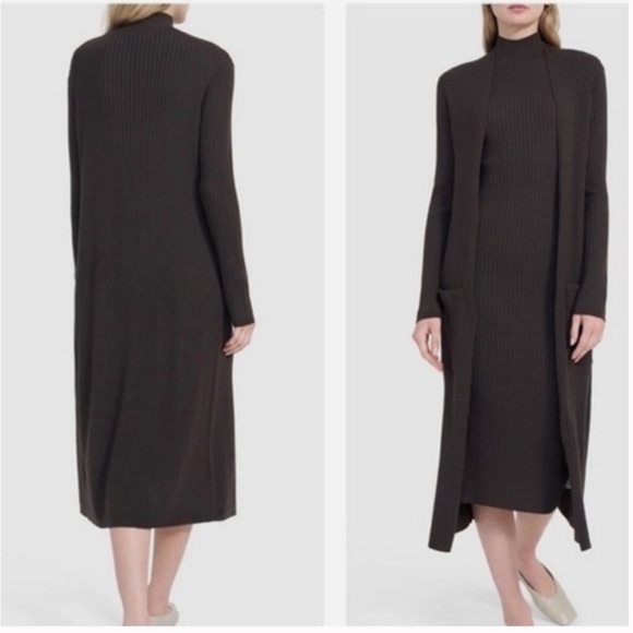 Theory Ribbed Maxi Noble Cardigan in Brown - Picture 1 of 10